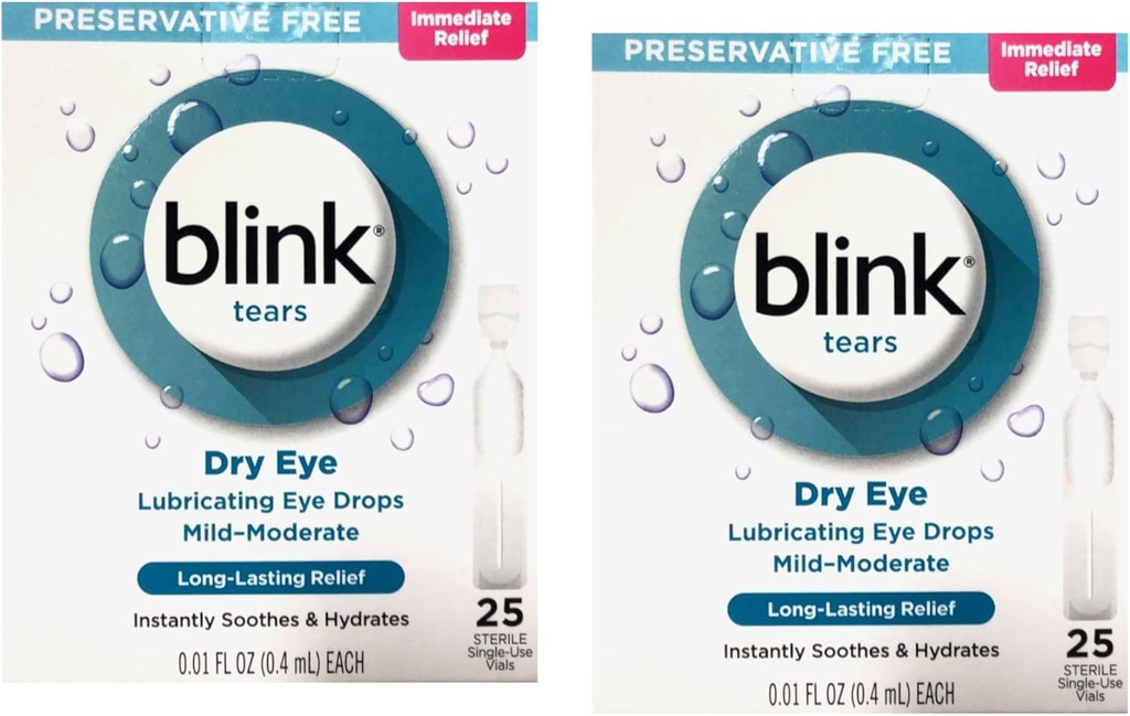 Blink Tears 防腐剤無料潤滑アイドロップ、即時およびドライアイ、25 Sterile シングルユースバイアル、0.01 FL OZ(0.4 mL) 各(パッケージ 2)