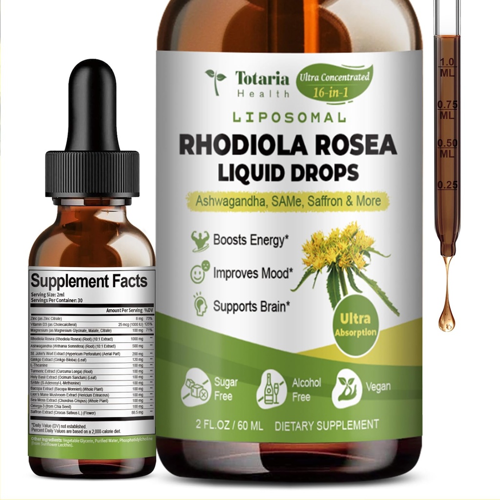 Totaria 16-in-1 Liposomal Rhodiola Rosea Tincture、超強さのRhodiolaの補足w/Ashwagandha、Saffron、マグネシウム、SAM-eの自然な弛緩のためのRhodiola Roseaのエキスの液体の低下、気分、エネルギー