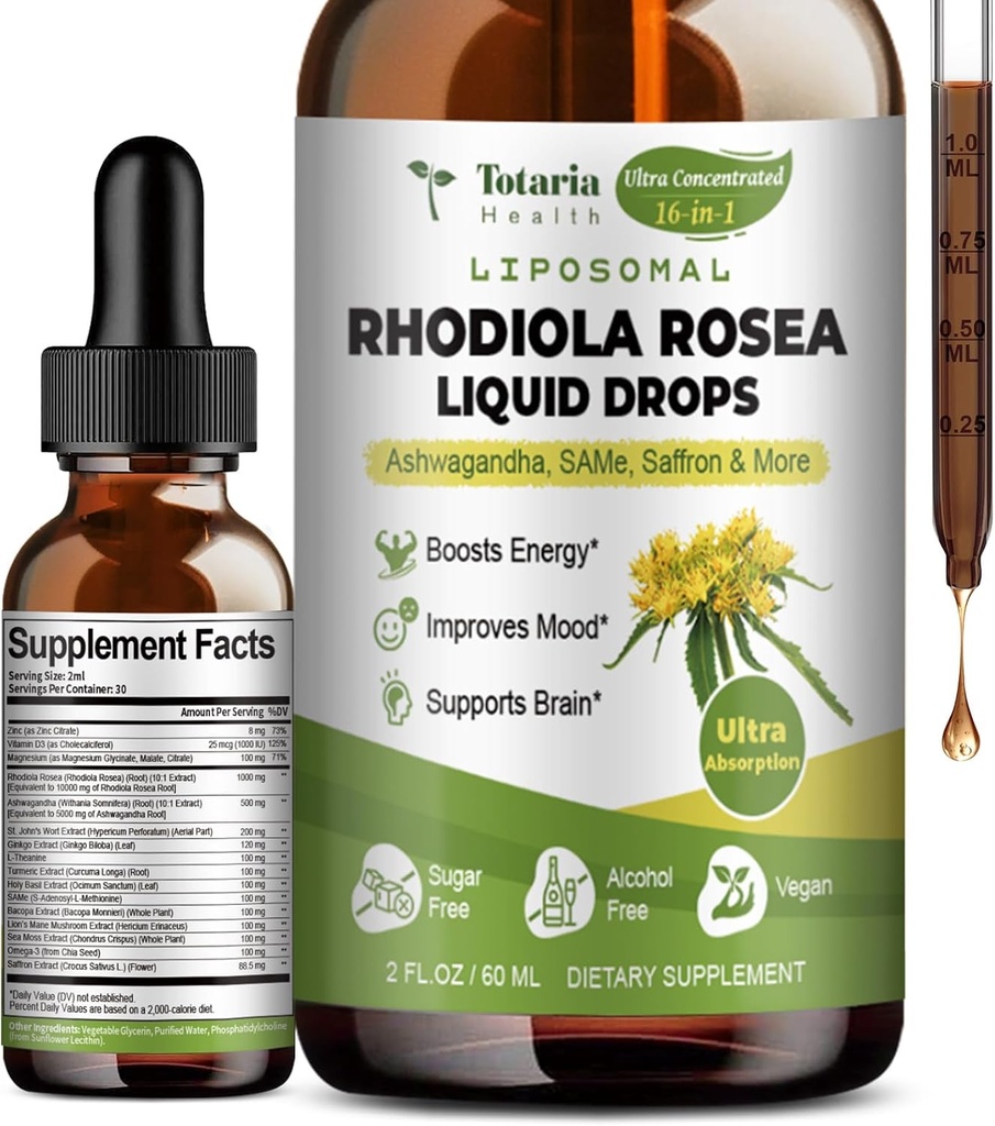 Totaria 16-in-1 Liposomal Rhodiola Rosea Tincture、超強さのRhodiolaの補足w/Ashwagandha、Saffron、マグネシウム、SAM-eの自然な弛緩のためのRhodiola Roseaのエキスの液体の低下、気分、エネルギー