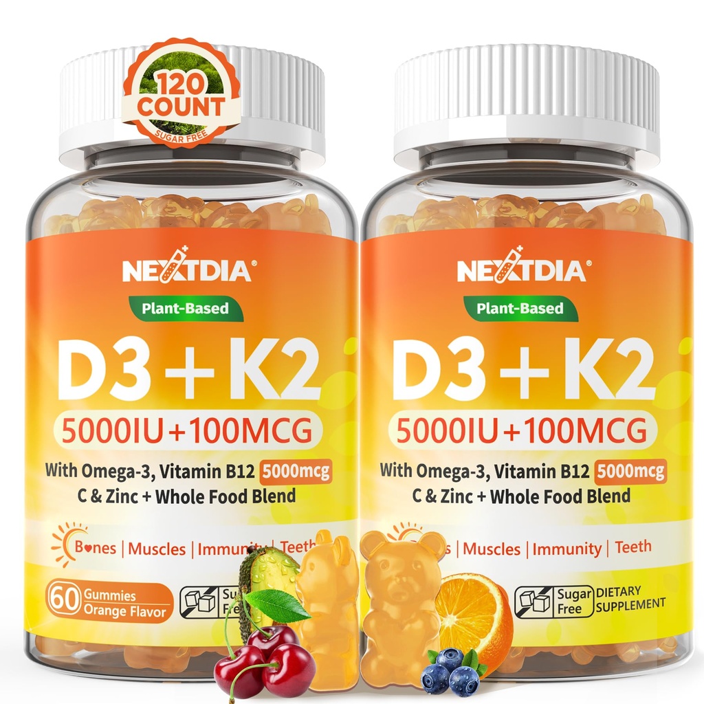 ビタミンD3 K2のGmmies 5000IU/Omega-3 250mg + K2 (MK-7) 100mcg - ビタミンC、亜鉛および5有機野菜との標準的なD3K2、より5X吸収、骨及び歯の強さ、免疫力を支えて下さい