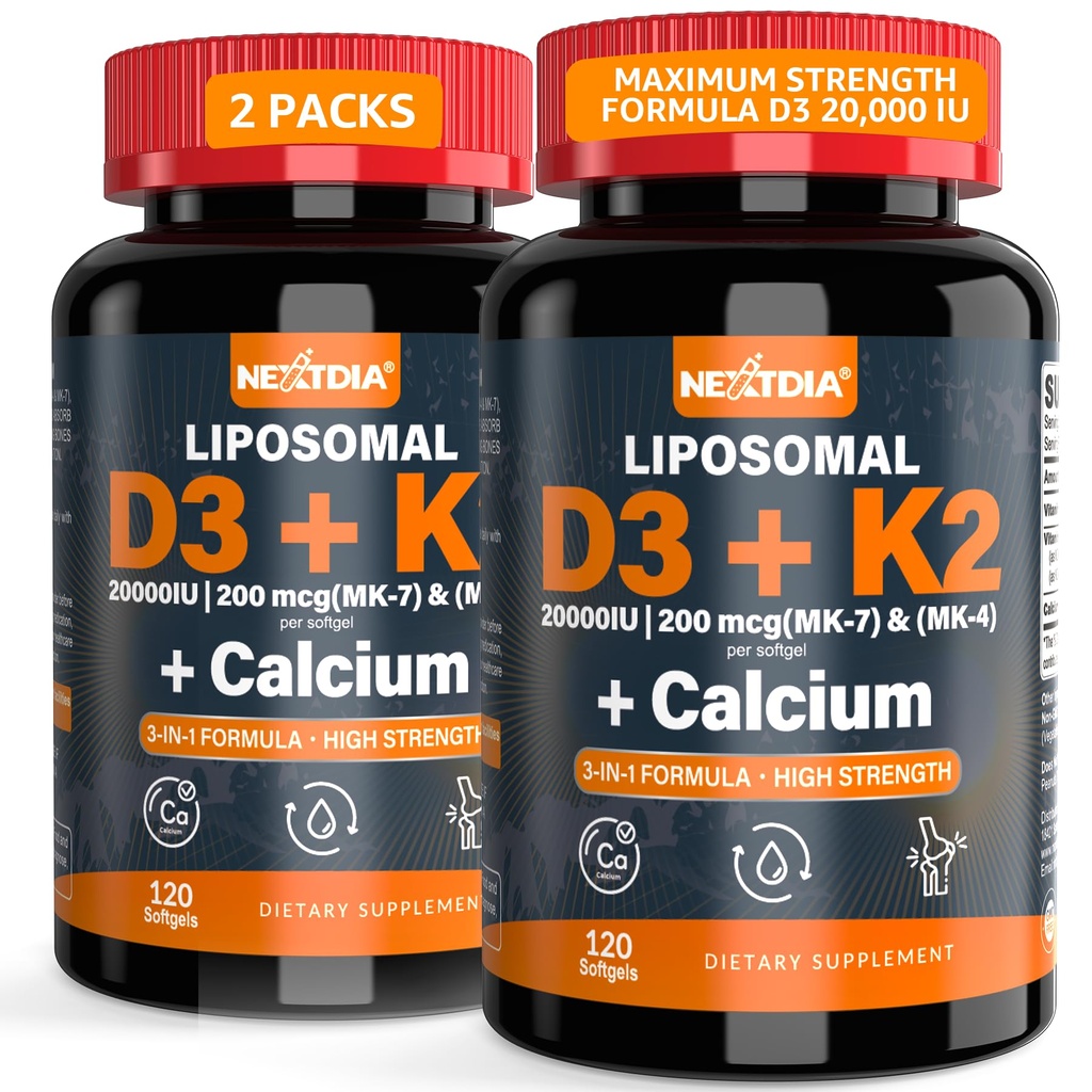 ビタミンD3 20,000 IU + K2ビタミン(MK4&MK7)200mcg +カルシウムクエン酸塩、最適ビタミンD3 K2ソフトジェル - 強力な骨と筋肉、カルシウム吸収、ビタミンDの欠乏を助け、2パック