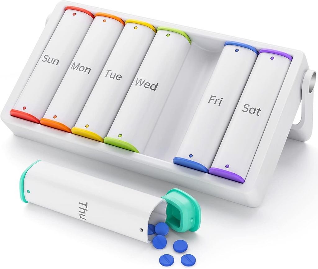 週刊Pillのオルガナイザー2日、KOVIUUの大きい旅行Pill箱7日、Trotatableハンドル、ビタミン、薬、補足、魚油、白のための丸薬のホールダーの容器が付いているAm PmのTwiceの毎日の丸薬の箱