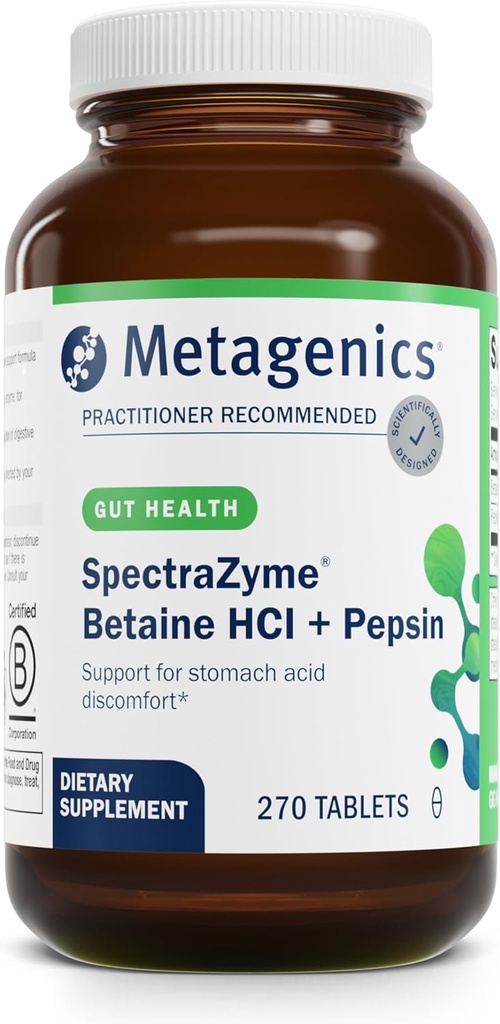 Metagenics SpectraZyme Betaine HCI + Pepsin - Supports Stomach Health & Aids in Digestion* - with Betaine HCl & Pepsin - Proteolytic Digestive Enzyme* - Non-GMO - 135 Servings - 270 Tablets