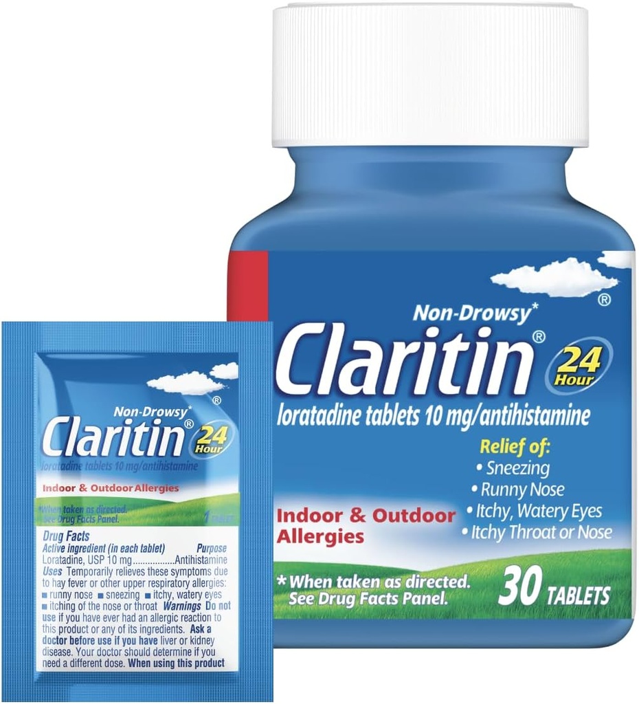 大人のためのClaritinのアレルギーの薬、24時間非眠性のLoratadine 10mgの丸薬、Antihistamine、30のタブレット+ 1ctのオンザ・ゴーの救助