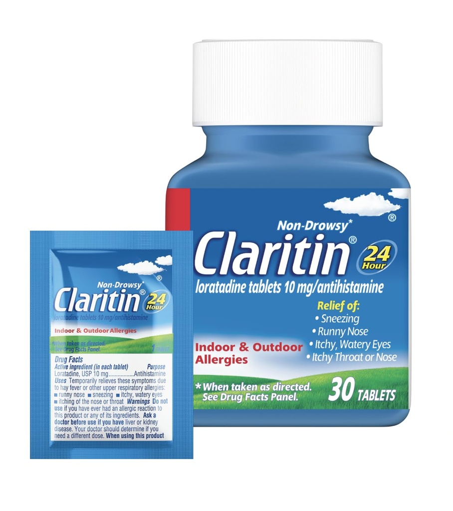 大人のためのClaritinのアレルギーの薬、24時間非眠性のLoratadine 10mgの丸薬、Antihistamine、30のタブレット+ 1ctのオンザ・ゴーの救助