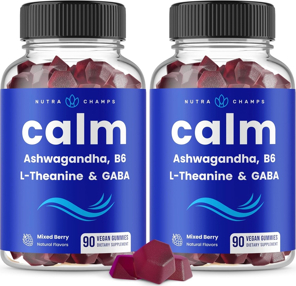 NutraChamps Calm Gummies, Stress Gummies Supplement with Ashwagandha, L-Theanine, GABA, Vitamin B6 & Lemon Balm, 90 Gummies (Pack of 2)
