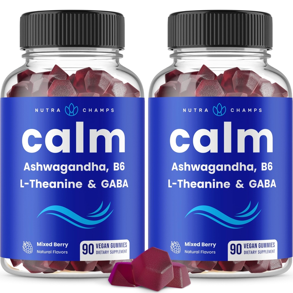 NutraChamps Calm Gummies、Ashwagandha、L-Theanine、GABA、ビタミンB6&レモンバーム、90グミー(パッケージ2)
