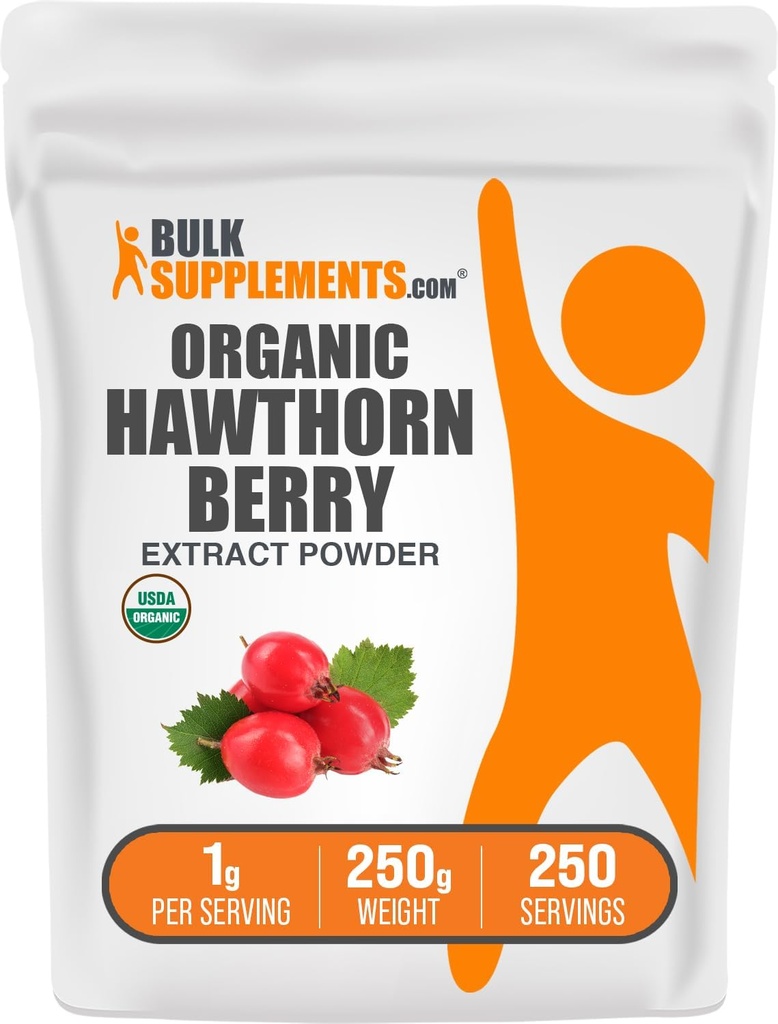 BulkSupplements.comオーガニックホーソンベリーエキスパウダー - Hawthornベリーサプリメント - ハーブ&グルテンフリー、サービングあたり1g、250g(8.8オンス)(パッケージ1)