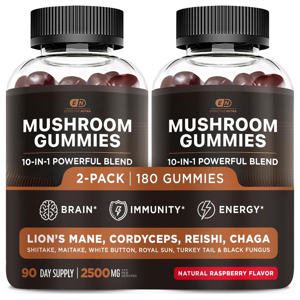 EFFECTIVE NUTRAマッシュルーム 2500mg | 10 Blend w/Lions Mane, Reishi, Chaga, Cordyceps & More | フォーカス, メモリ, 免疫, エネルギー | ナチュラルベリー風味のサプリメント | ビーガン, アメリカ製 (2パック)