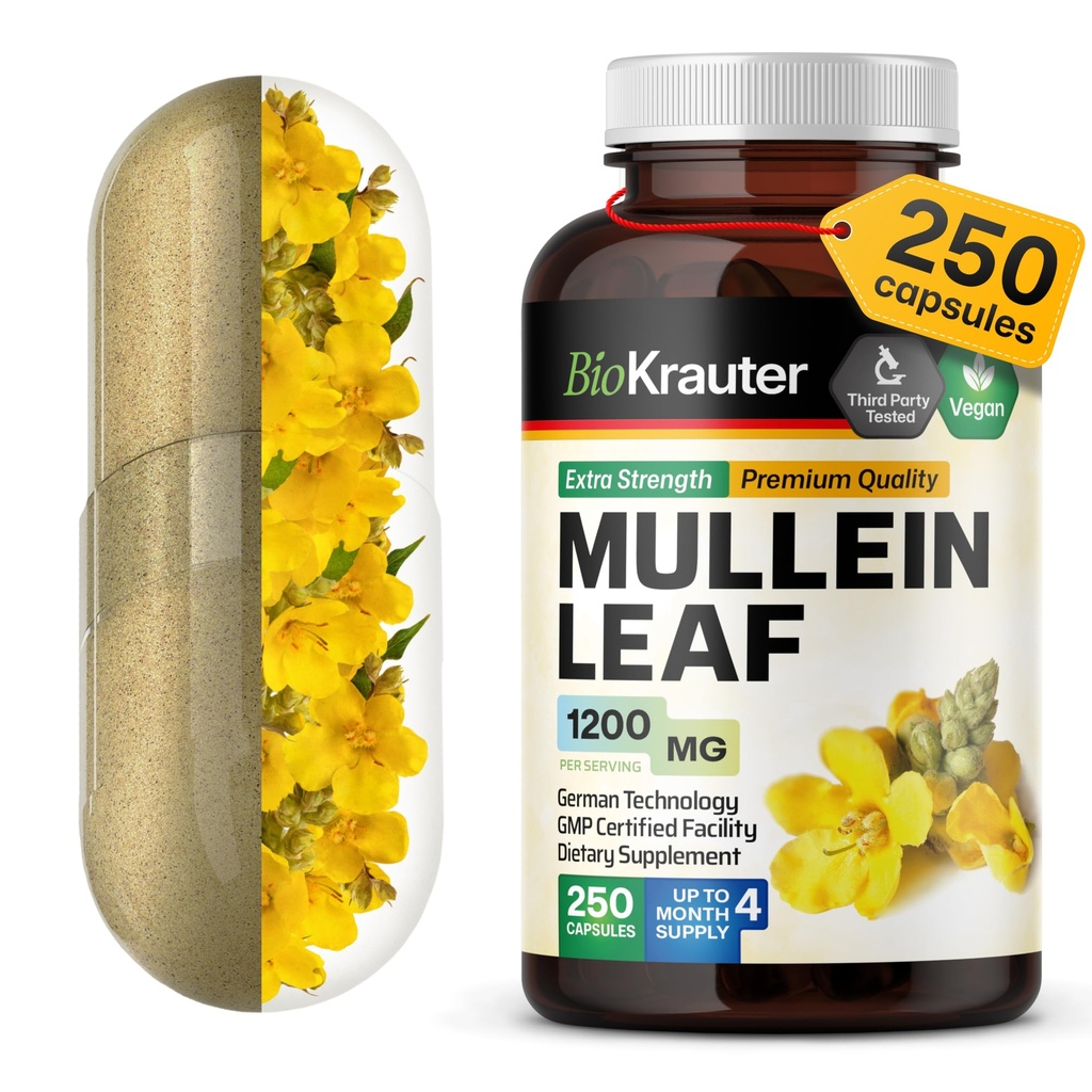 BIO KRAUTER Mullein カプセル 1200 mg 250 カウント - Lungs のための純粋なビーガン Mullein の葉のエキス - 125 供給の日 - Lung のクレンジング & 呼吸器サポート補足 - いいえフィラー、非 GMO