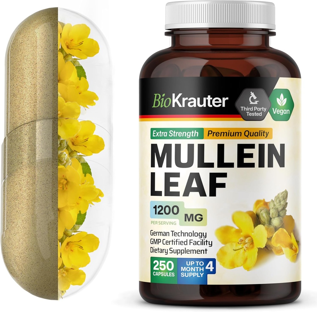 BIO KRAUTER Mullein カプセル 1200 mg 250 カウント - Lungs のための純粋なビーガン Mullein の葉のエキス - 125 供給の日 - Lung のクレンジング & 呼吸器サポート補足 - いいえフィラー、非 GMO