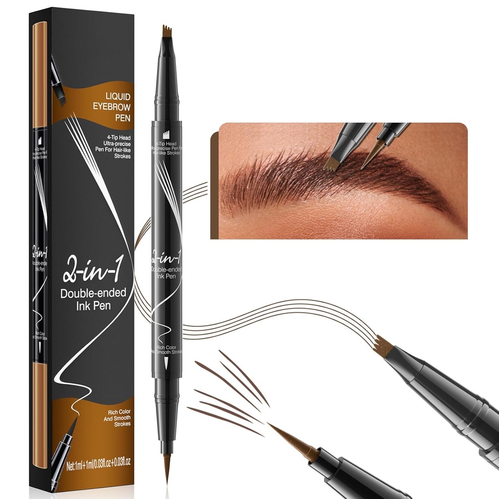 9706 2-in-1 Double-Ended Liquid Eyebrow Pen, 4 Tip Head& 1 Tip Ultra Fine Eyebrow Pen,Easily Draw Realistic Eyebrows, 4 Color, Waterproof (2#Dark Brown)