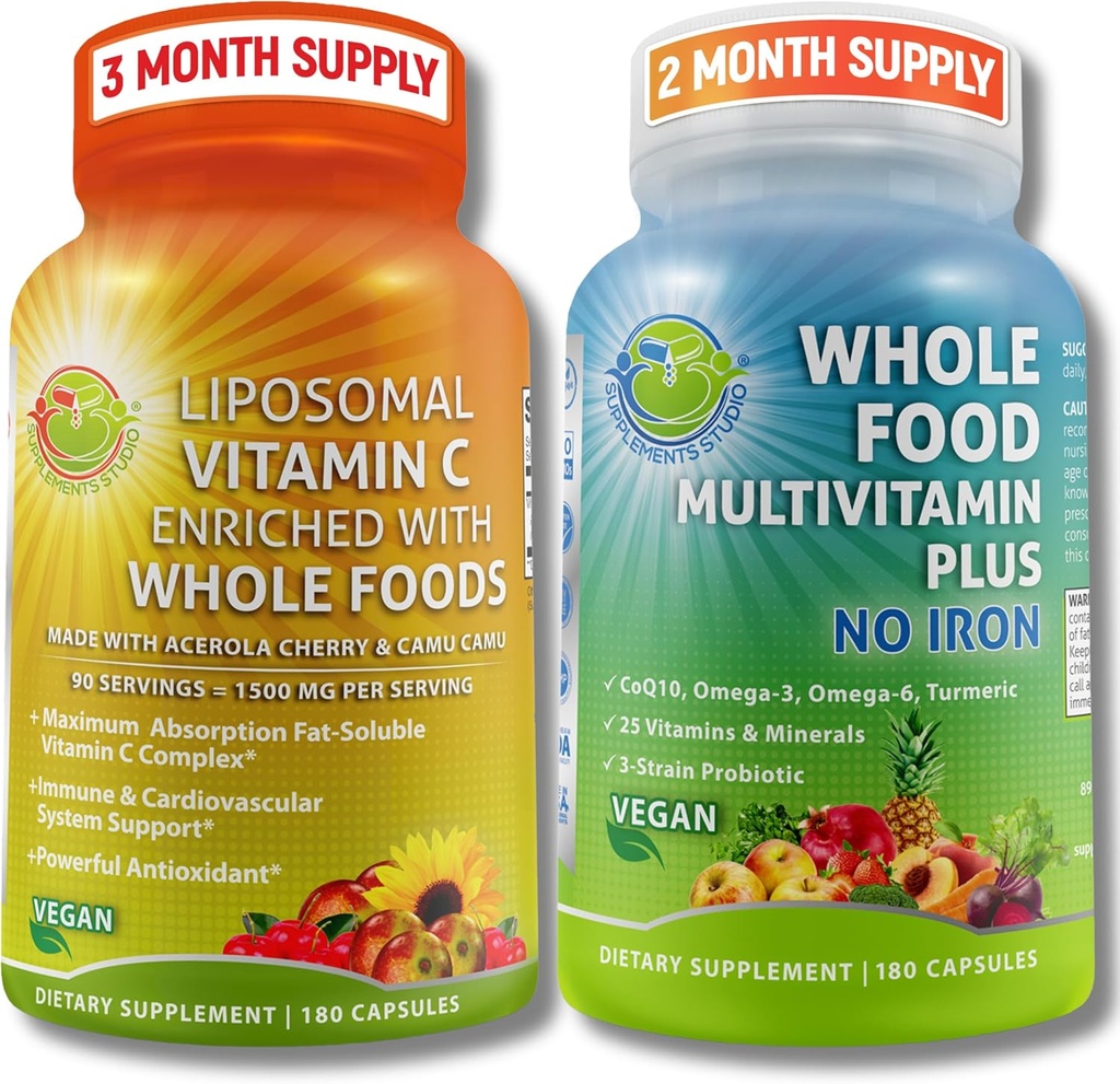 Liposomal Vitamin C 1500mg + Vegan Whole Food Multivitamin Without Iron - Energy & Immune Support Bundle with Organic Acerola Cherry, Camu Camu & Enriched with Whole Foods –Non-GMO, Clean Label