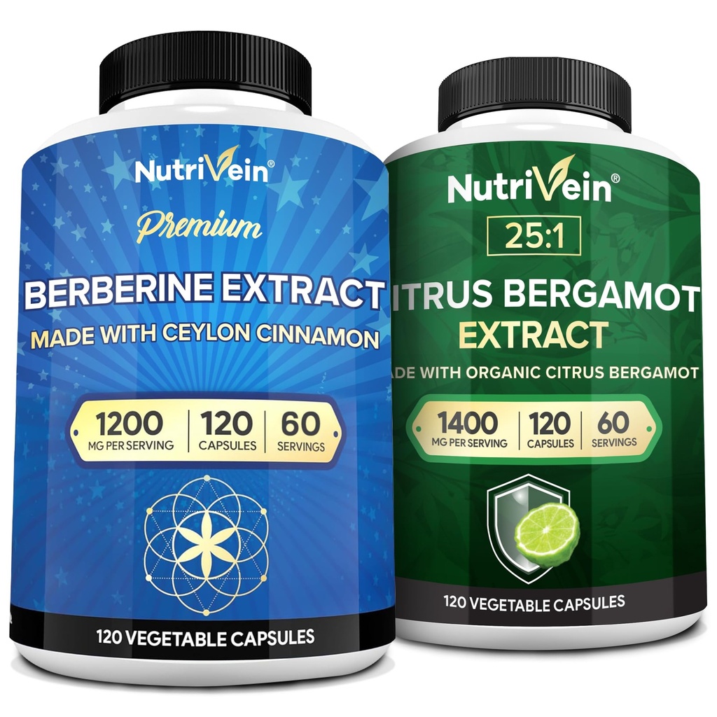 Nutriveinの優れたベルベリン1200mg及びCitrus Bergamotのエキス1400mgの束-Ceylon Cinnamon及び25:1 Bergamiaのエキス-重量管理及び免疫サポート 中心の健康- 120のカプセルそれぞれ