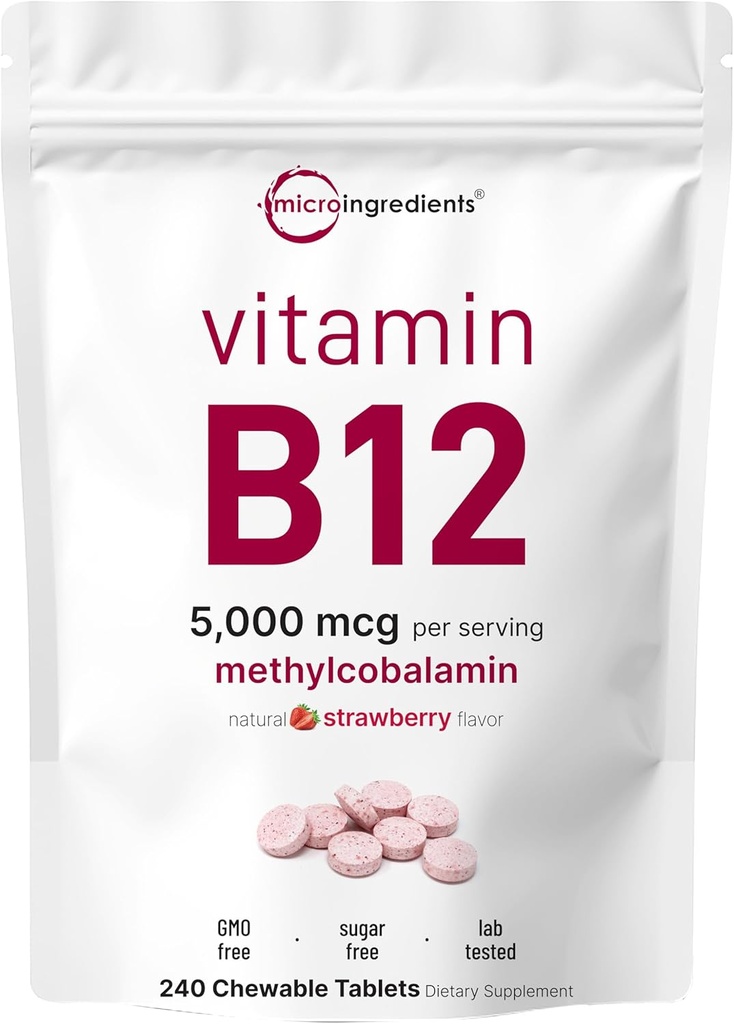 マイクロ成分 ビタミンB12 5,000 mcg | メチルコバラミン – 240 Chewable錠 | 速い分解物、自然ないちご味 | エネルギー・代謝の健康を支えて下さい | 完全菜食主義者、非GMO、グルテンフリー