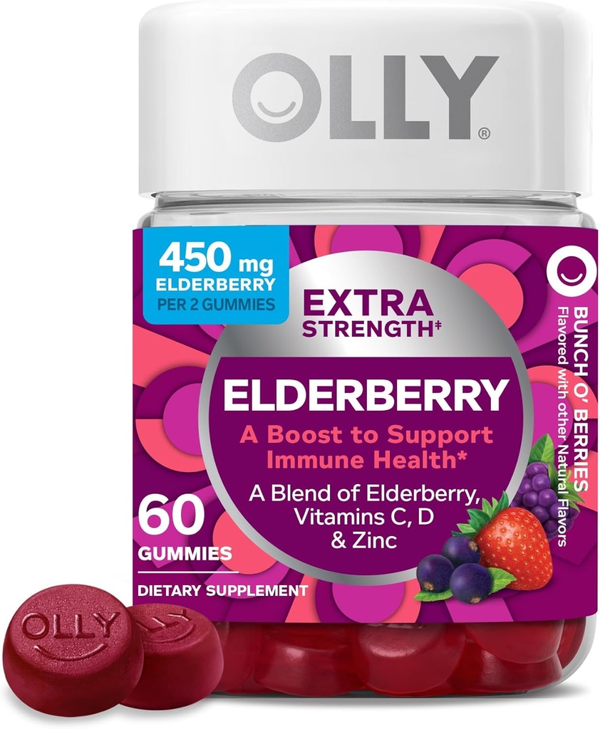 OLLY 余分な強さのエルダーベリーのグミ、免疫サポート、450mg のエルダーベリー、ビタミン C、D および亜鉛、ベリー - 60 の計算