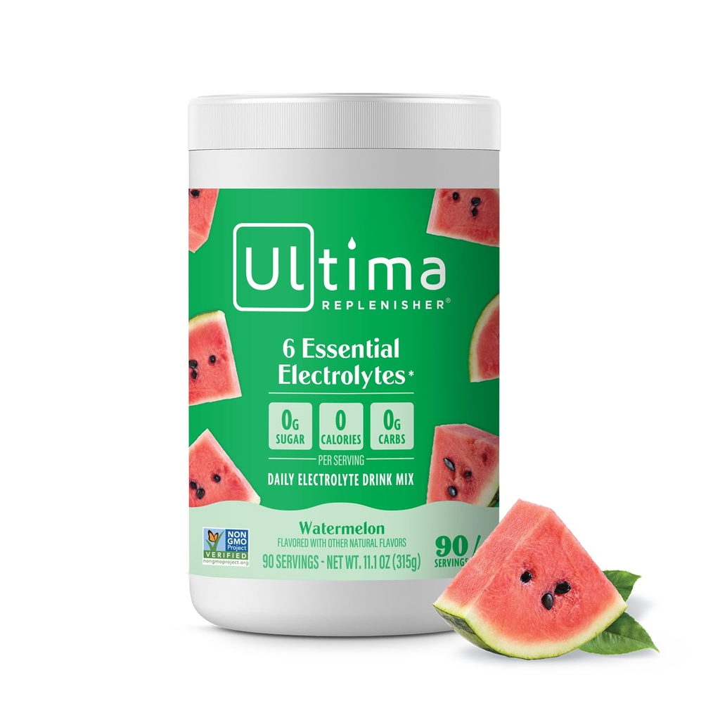 Ultima Replenisher毎日電解パウダードリンクミックス – 砂糖無料 – ウォーターメロン, 90 サービング – 6 キー電解液とトレースミネラルの水和パウダー – ケトフレンドリー, ビーガン, 非GMO