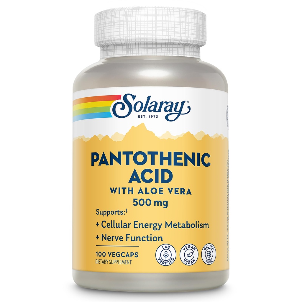 SOLARAY Pantothenic 酸 500mg - ビタミンB 5 Coenzyme-A 生産とエネルギー代謝、髪、皮膚、ネイルサポート - ビーガン、ラボ検証、60日保証 - 100 サービング、100 VegCaps