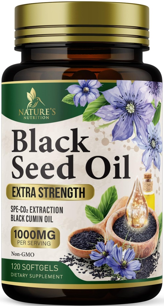 ブラックシードオイルSoftgels 1000mg - プレミアムニゲラサティバブラックシード、皮膚&免疫サポートのための純粋な天然黒カミンシードオイル&抗酸化剤 - 非GMO、米国サプリメントでボトル入り - 120 Softgels