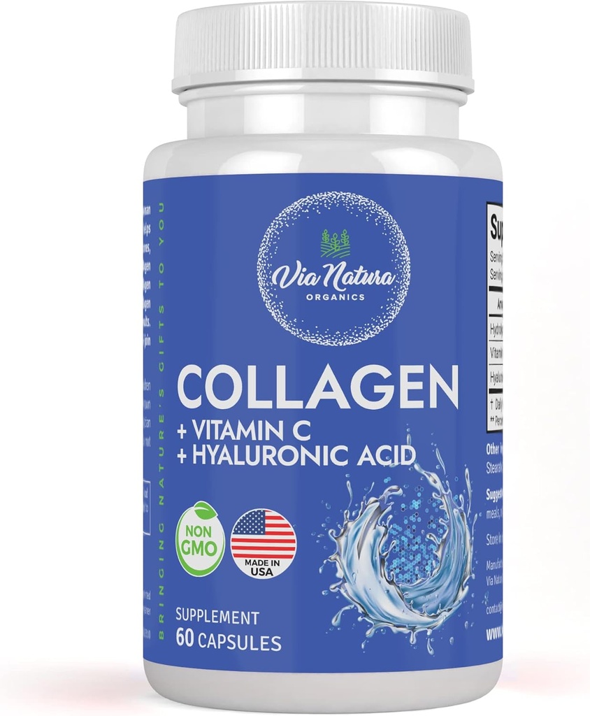 Collagen + Vitamin C + Hyaluronic Acid | Hydrolized Peptide | Specially formulated for Women | Type I, II and III | 60 Capsules