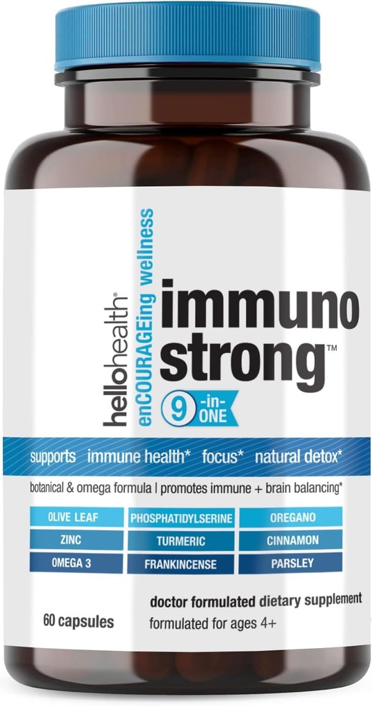 Daily Immune Support Supplement Immunostrong 10-in-1 Immunity Vitamins with Immune Booster Oregano, Olive Leaf, Soothing Antioxidant Omega 3, Turmeric Curcumin & Zinc Vitamins for Adults & Kids -60 ct