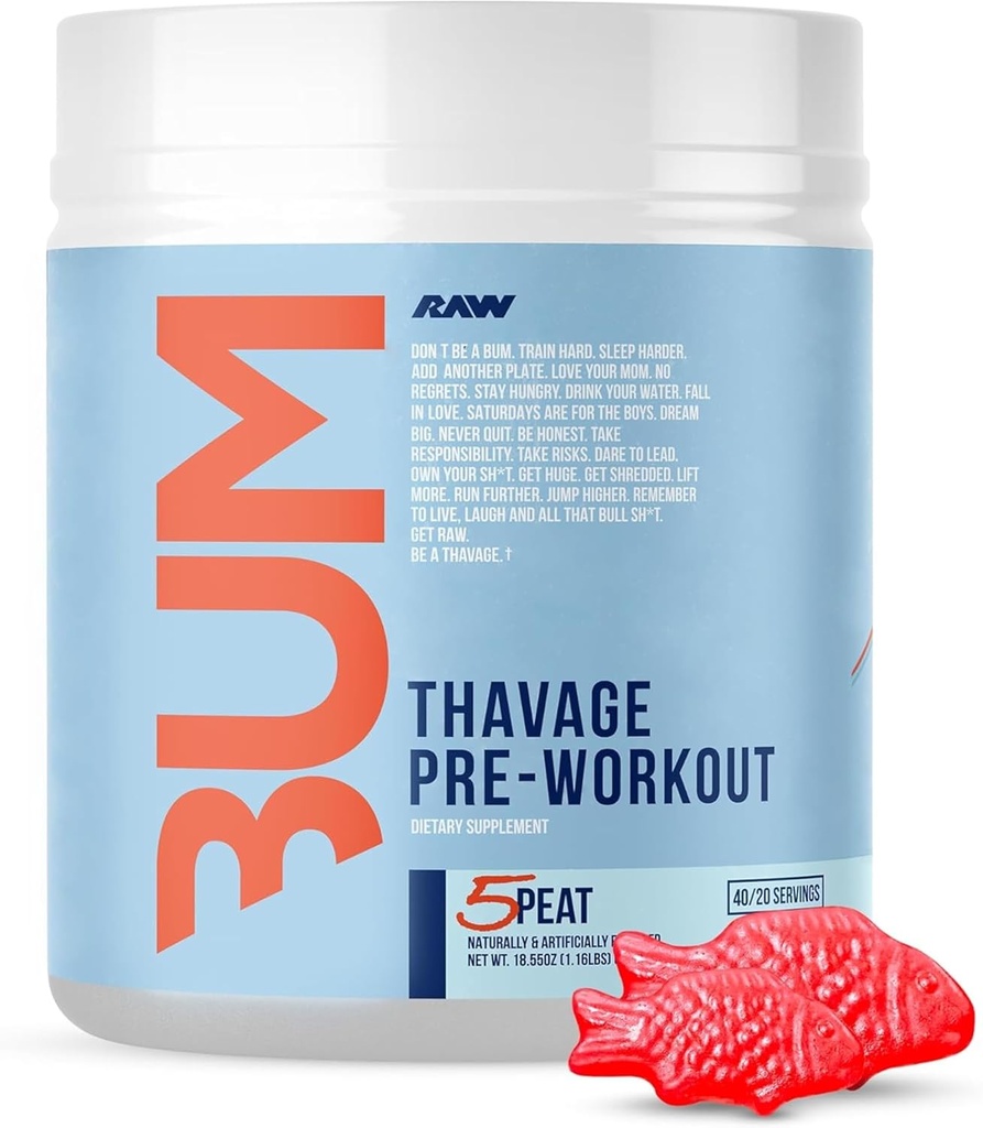 RAW Pre Workout Powder、Tavage(5 Peat、Red Gummy) - Chris Bumstead Sports Nutrition Supplement for Men & Women - Cbum Pre Workout、Hydration、メンタルフォーカス&エネルギー - 40 サービング