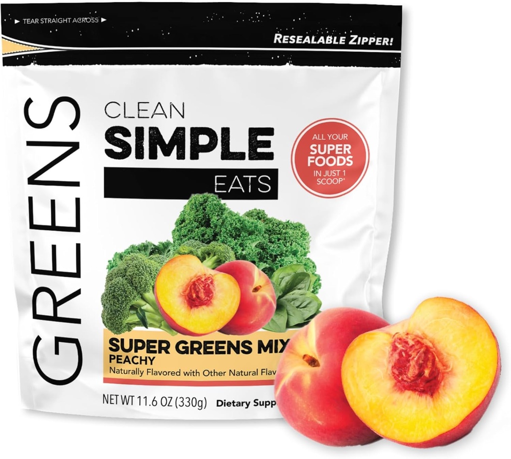 Clean Simple Eats Super Greens Powder, Naturally Flavored Greens Powder with Chlorella, Spirulina, Superfoods & Prebiotic Fiber, No Artificial Ingredients, Gluten Free, Peachy Greens Flavor, 30 Srvgs
