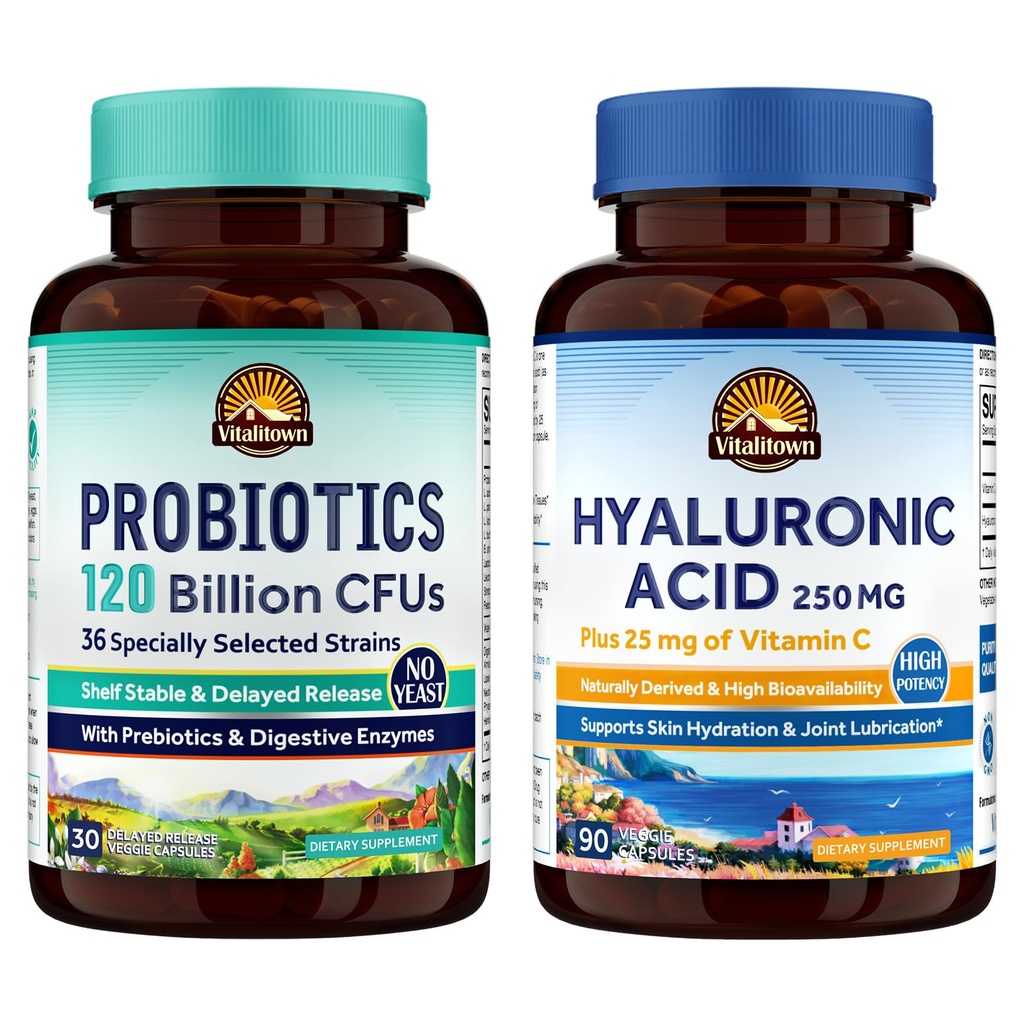 Vitalitown Gut-Skin Bundle(パッケージ2) | プロバイオティクス 120 Billion CFU (アイテム1) & Hyaluronic 酸 (アイテム 2) | 30 + 90 カプセル
