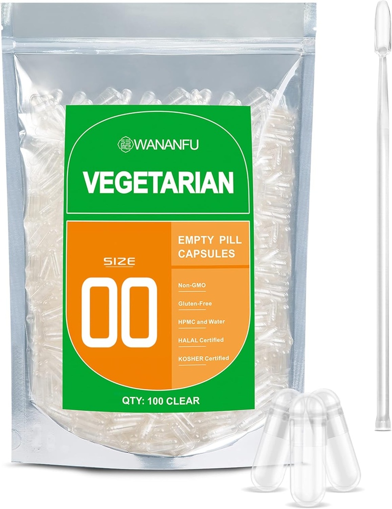 wananfu Size 00 Empty Capsules Vegetarian (100 Count) Bundle with Micro Lab Spoon, Clear Fillable Veggie Pill Capsules 00 for Making Your Own Supplements