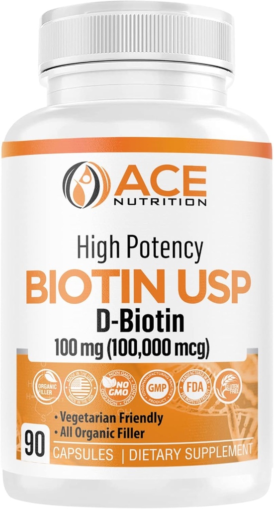 高効力ビオチンUSP(D-Biotin 100,000mcg) - 優れたビオチン、有機米粉、毛、皮、及び米国で作られたmyelinの健康のためのベジタリアンカプセル(100mg/90カプセル)