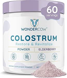 WONDERCOW Colostrum Supplement Powder for Gut Health, Immune Support, Muscle Recovery & Wellness | Natural IgG Pure Whole Bovine Colostrum Superfood, Elderberry, 60 Servings