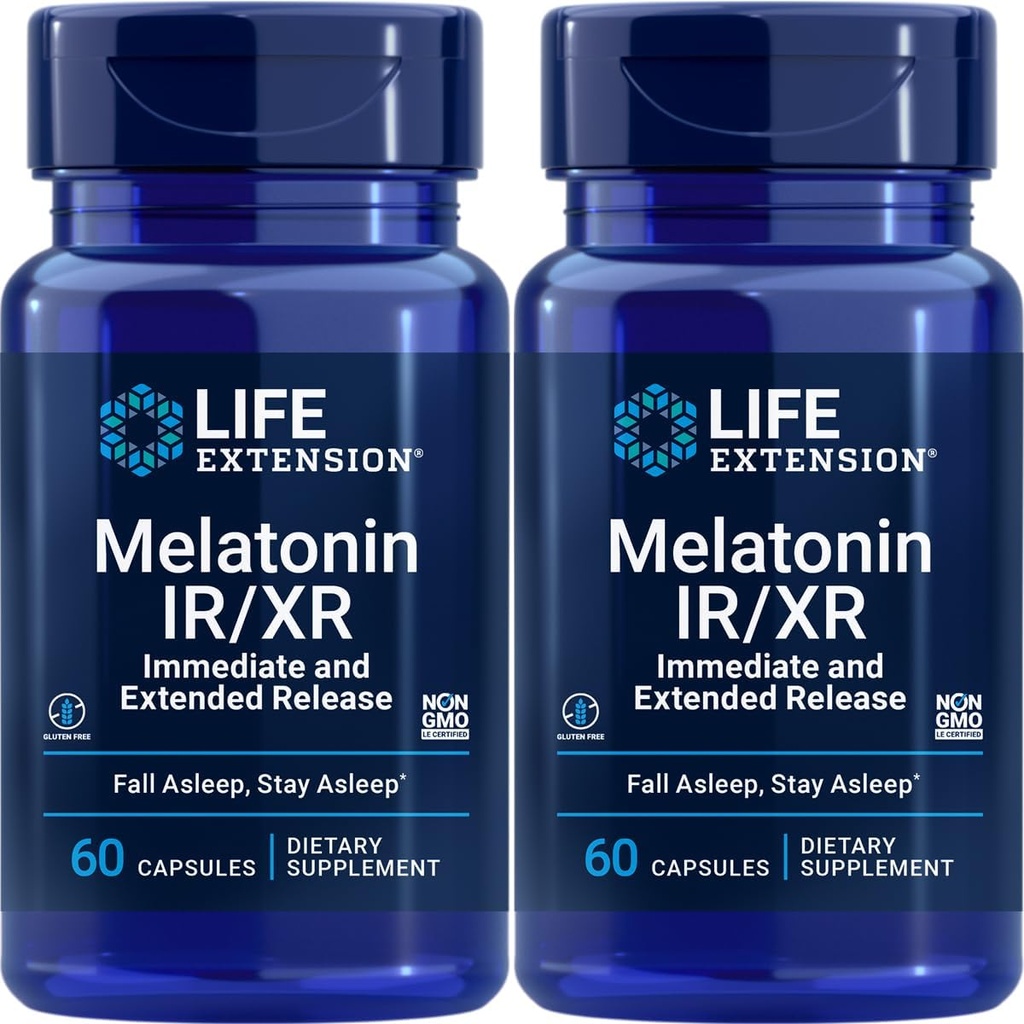ライフエクステンションメラトニンIR / XR、1.5mg、即時および拡張リリースフォーミュラのための最適な睡眠サポート、健康なサーカディアンリズム、細胞防衛、グルテンフリー、非GMO、2 X 60カプセル
