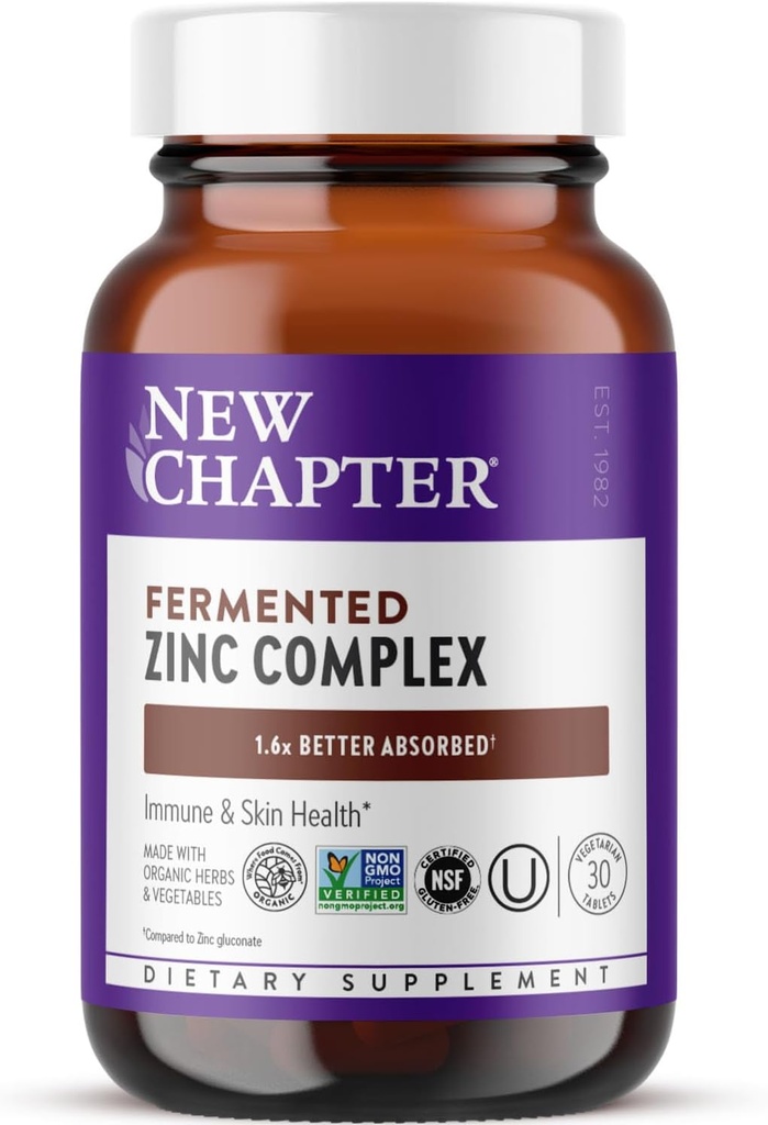 New Chapter Zinc Supplement, Fermented Zinc Complex, ONE Daily for Immune Support + Skin Health, Mineral-Balancing Formula Rich in Copper, Easy to Swallow & Digest, 30 Count (1 Month Supply)