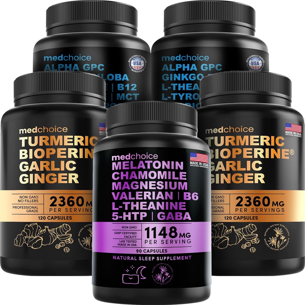 MEDCHOICE Sleep Melatonin (90ct), ターメリック&ジンジャー (240ct), ノロピック・ブレイン (120ct) サプリメントバンドル - ウェルネス・トリオ for 脳, 睡眠, & 免疫サポート - ビーガン, 非GMO, グルテンフリー