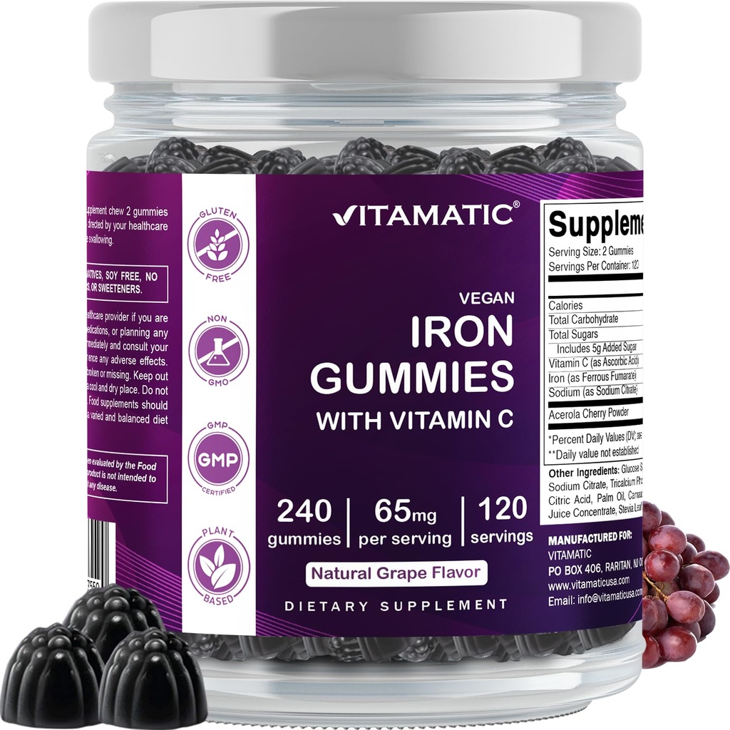 女性のためのVitamaticの鉄65のmgのガミーの補足及び人- 240のビーガンガミー-ビタミンCが付いている大きいおおう鉄のガミーのビタミン