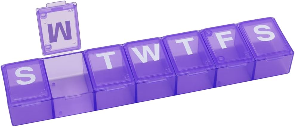 EZY DOSE週刊(7日)の丸薬のオルガナイザー、薬のプランナー、ビタミンの貯蔵箱、便利および使いやすい、媒体のコンパートメント、補足のための箱および魚油、旅行友好的、紫色、BPAは放します