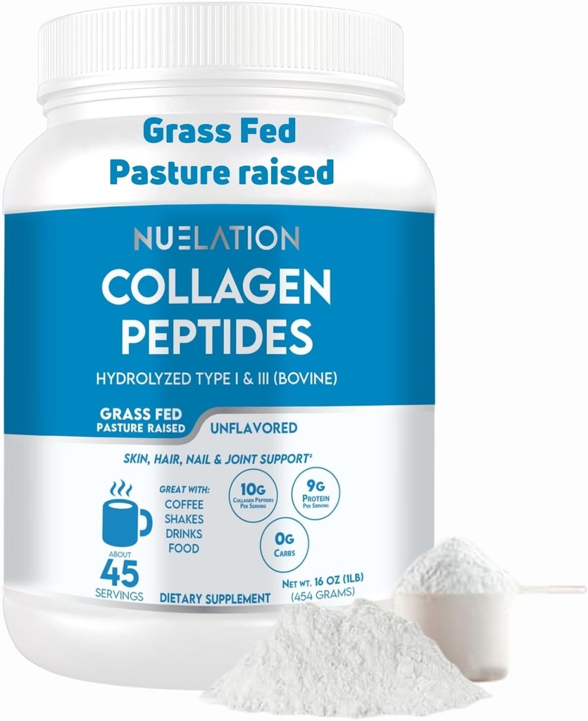 Unflavored Grass-Fed Collagen Peptides Protein Powder 1LB, 45 Servings. Type 1 & 3 Hydrolyzed Bovine Collagen for women & men. 10g Collagen Powder & 9g Protein Per Serving for Skin, Hair, Nail Support