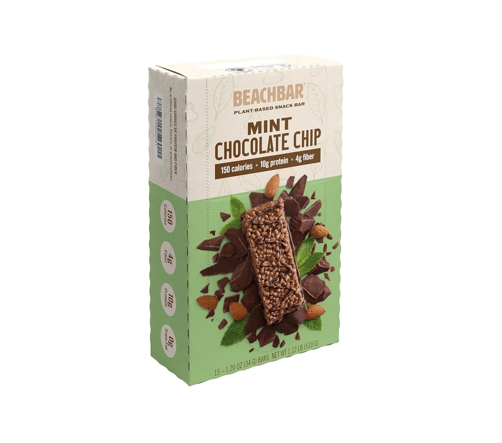 BODi BeachBAR植物ベースのミントチョコレートチップ - タンパク質豊富なビーガンスナックバー、グルテンフリー、低糖質インデックス、10gタンパク質、150カロリー、ボックスあたり15バー