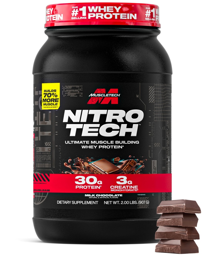 マッスルテックWheyプロテインパウダー(ミルクチョコ、2ポンド) - ウィープロテインアイソレートとNitro-Tech Ultimate Muscle Buildingフォーミュラ - タンパク質の30g、クレアチンの3g、BCAAの6.8g - 包装May Vary