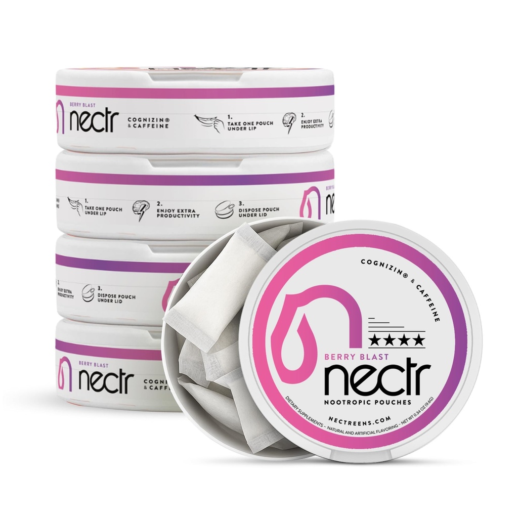 Nectrエネルギー向知性ポーチ - ベリーブラスト風味、コグニジン®シチコリンとカフェインポーチ。 砂糖なしの脳の御馳走。 滑らかで、維持された焦点及びエネルギー補足- 16pcsの5つのパック