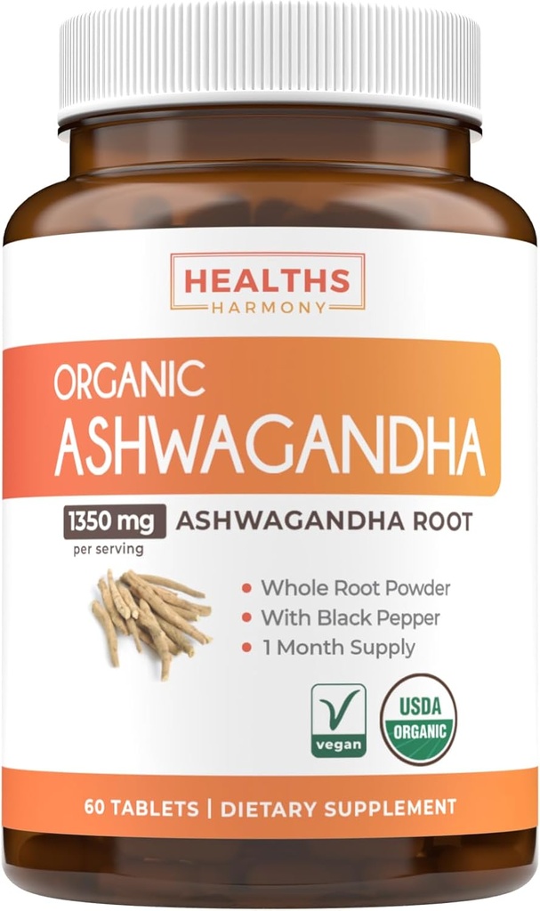 USDA Organic Ashwagandha Supplement - High Potency Ashwagandha Pills Made With Organic Black Pepper for Enhanced Absorption - Vegan Non-GMO Made in the USA & Lab Verified (1 Months Supply)
