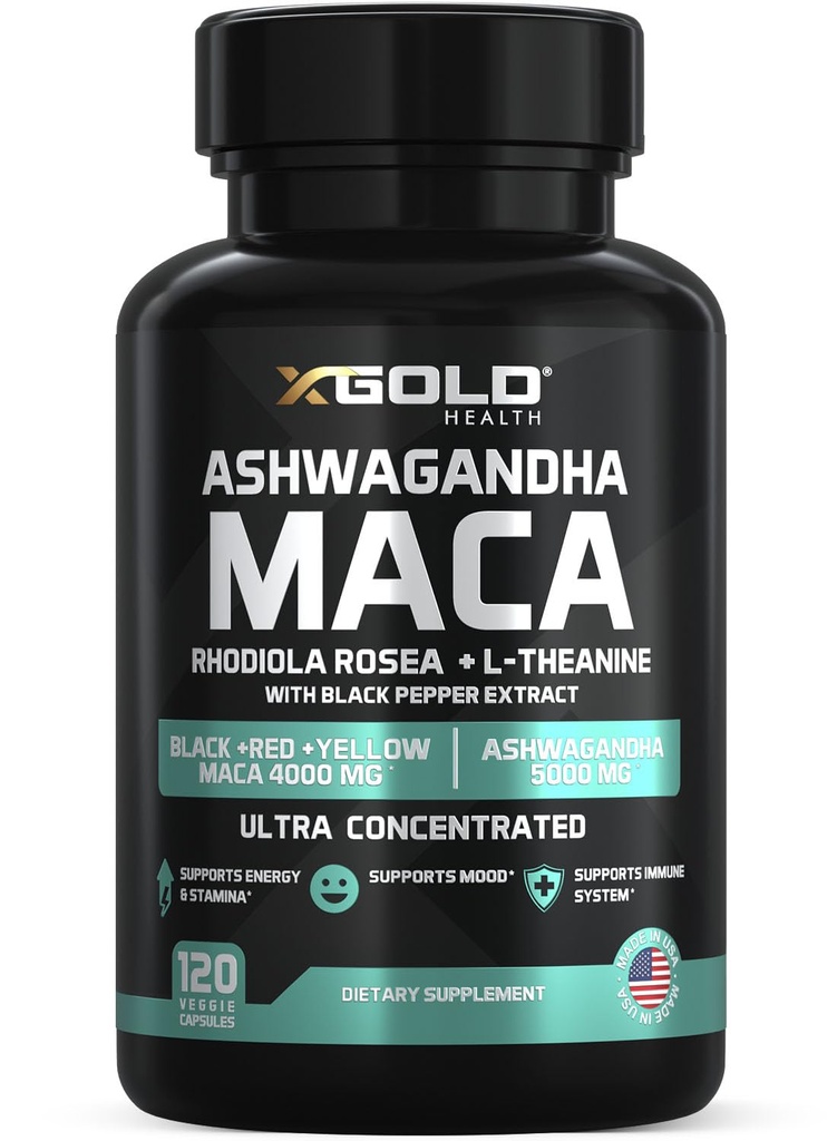 Ashwagandha 5,000mg + Maca Root ブラック, 赤, 黄色 4,000mg, Rhodiola & L-テアニン:30:1 抽出アシュワガンダカプセル, 20:1 抽出マカルートカプセル - 男性と女性のためのサプリメント