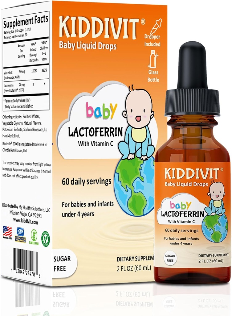 Kiddivit Baby Lactoferrin Liquid Drops - Gentle Immune Support Supplement - プレバイオティックインリンと100mgフォーミュラ - 60デイリーサービング - 砂糖無料、グルテンフリー、ベジタリアン、2oz