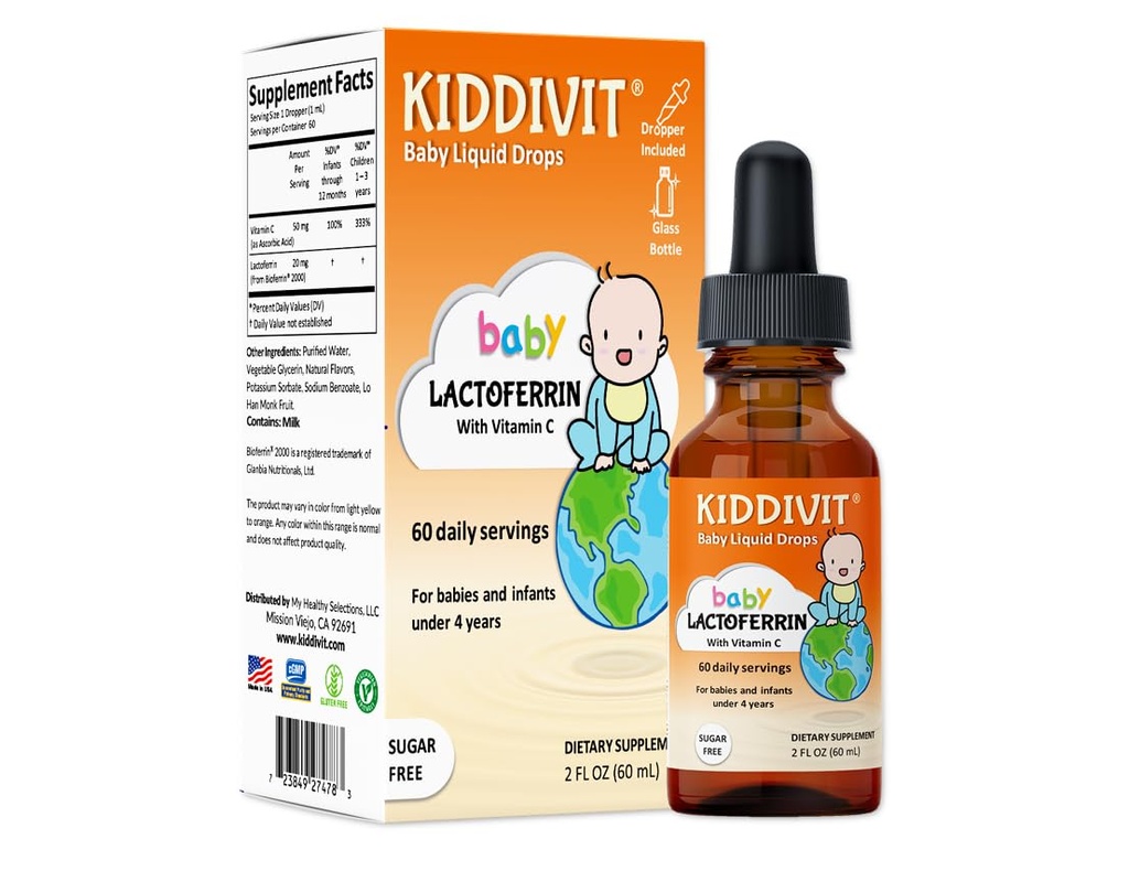 Kiddivit Baby Lactoferrin Liquid Drops - Gentle Immune Support Supplement - プレバイオティックインリンと100mgフォーミュラ - 60デイリーサービング - 砂糖無料、グルテンフリー、ベジタリアン、2oz