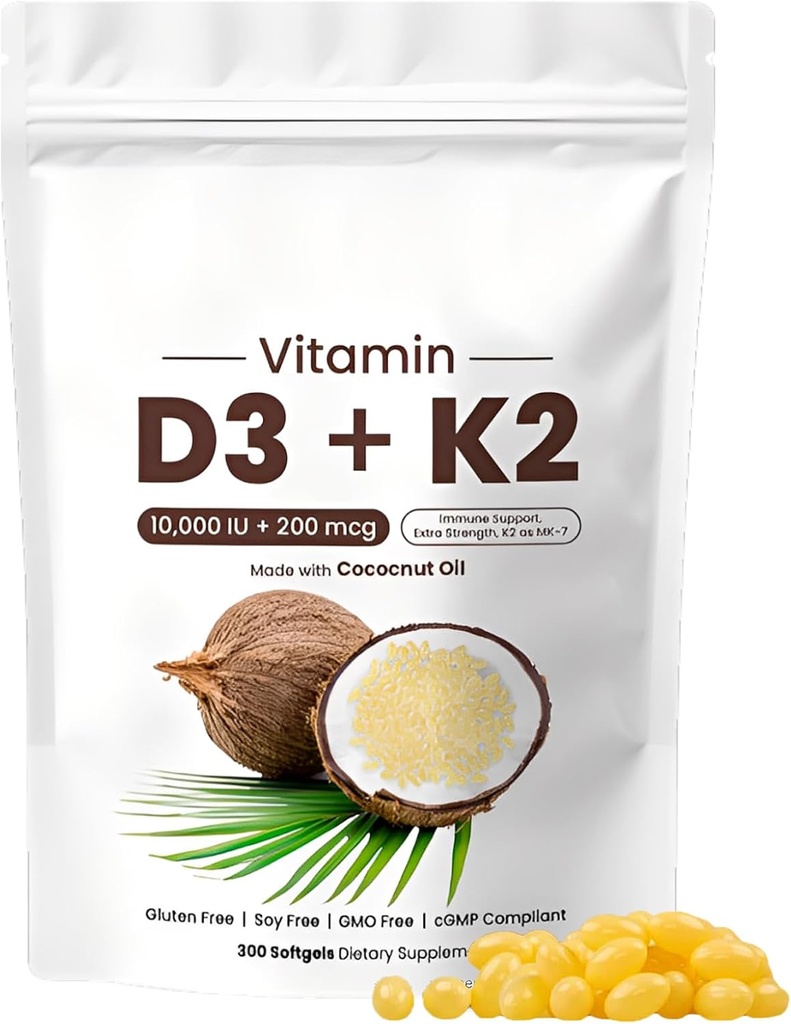 NaturespeakビタミンD3 K2 10000 IU、2-in-1ココナッツオイルSoftgels 10000 IU VIT D3 + 200 MCGビタミンBone、免疫&ハートサポートのためのビタミンK2、Swallow、非GMO、300 Softgelsに簡単