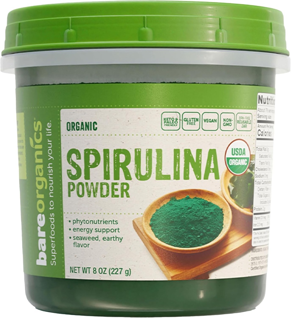 BareOrganics SPIRULINAの粉(未加工-有機性)、8オンス(1のパッケージ)
