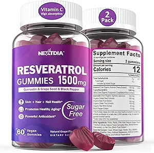Resveratrol の補足 1500mg - Resveratrol のグミies サポート NAD+、NMN & NMNH のシナジー、ケルセチン、ブドウの種、酸化防止剤、健康な老化及び長寿、皮、頭脳のためのアサイ ベリーのエキス- 2Pcs