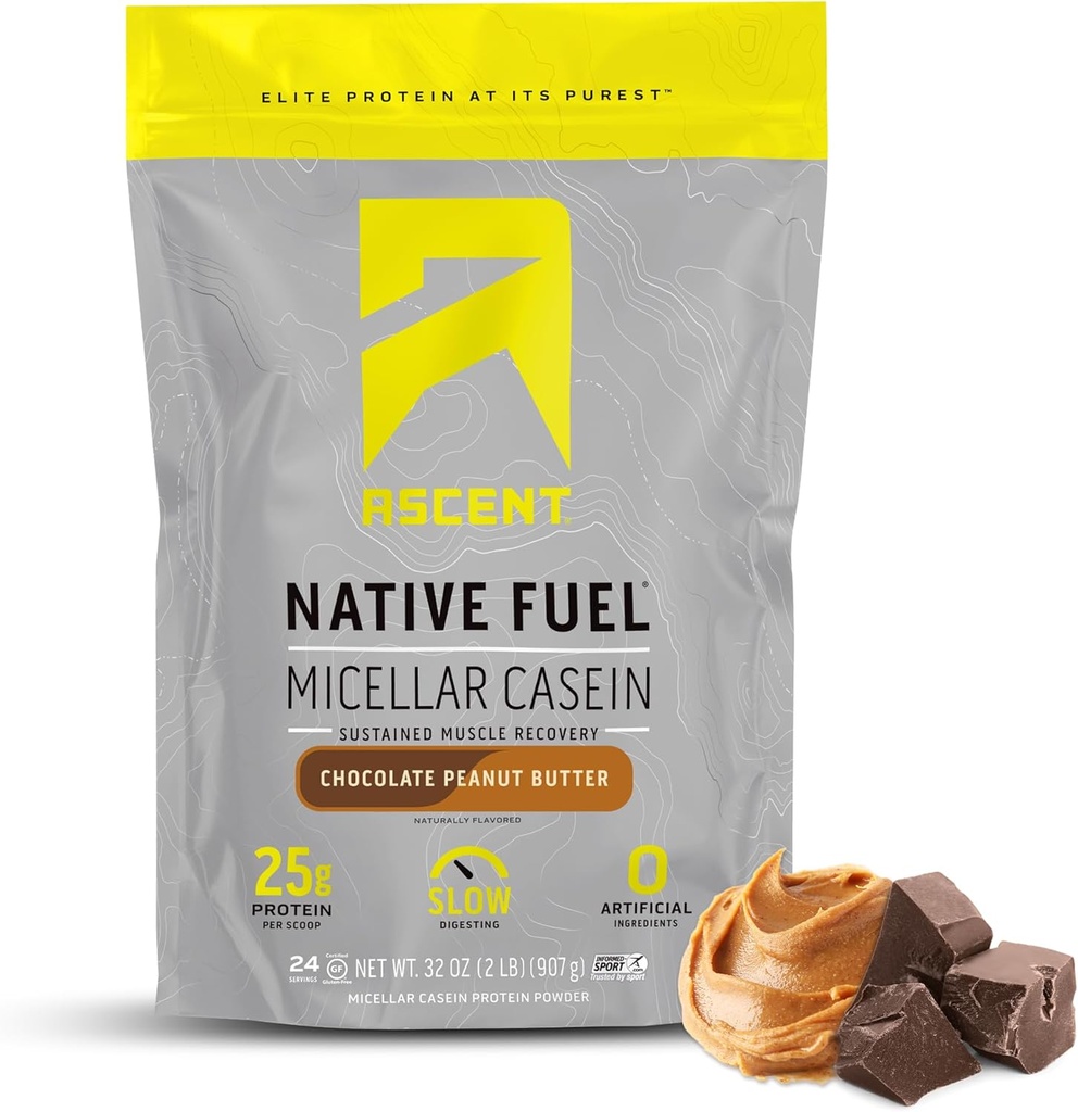 Ascent Casein Protein Powder - 25g Micellar Casein Powder with Zero Artificial Flavors & Sweeteners, Gluten Free, No Added Sugar, 4.9g BCAA, 2.2g Leucine - Chocolate Peanut Butter, 2 Pounds