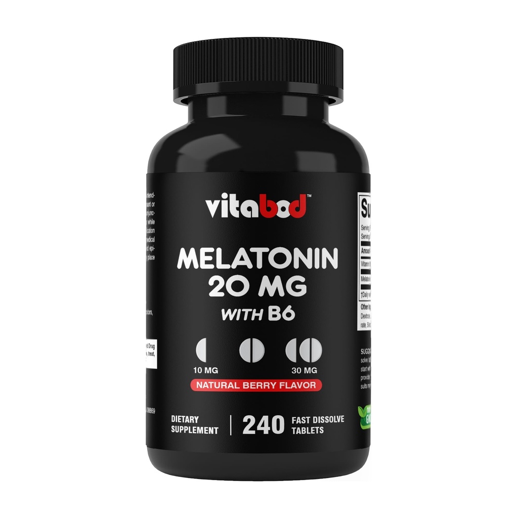 Vitabodのメラトニン20のmg - 240の速い分解のタブレット-薬剤の自由-自然な果実味-ベジタリアン、非GMOのグルテンフリー240の計算(1のパッケージ)(240の計算(1のパック)))
