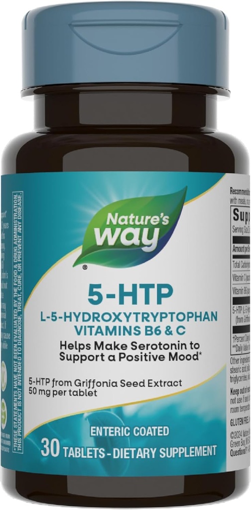 Nature's Way 5-HTP、L-5-Hydroxytryptophan、Positive Outlook*、ビタミンB6、ビタミンC、Griffonia Bean Extract、30錠(パッケージ5月Vary)